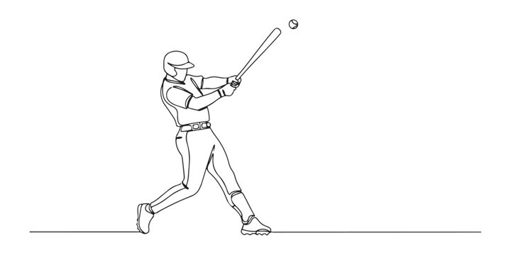 Continuous line art of a baseball player hitting the ball with a bat.