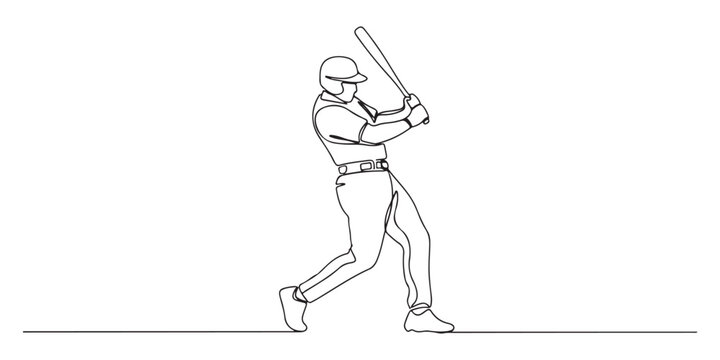One line art of baseball player swinging bat in a dynamic pose. vector illustration 
