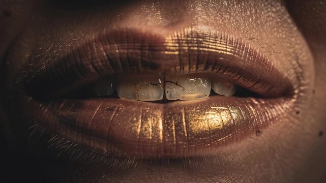 Close up of cracked teeth and lips with golden makeup showcasing dental decay and creative beauty concept