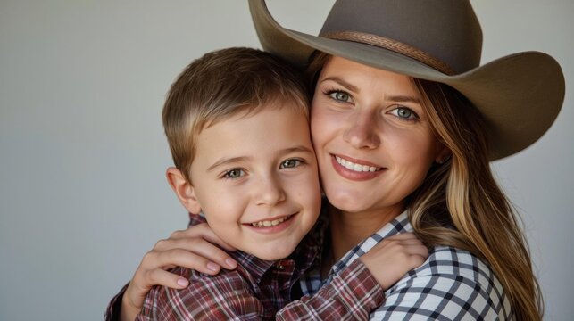 A smiling woman wearing a cowboy hat embraces a young boy in a plaid shirt, both looking happy and close. mother's day