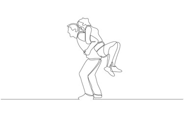 Obraz premium Continuous one line of joyful man lifting girlfriend on back, playful couple concept, single line art