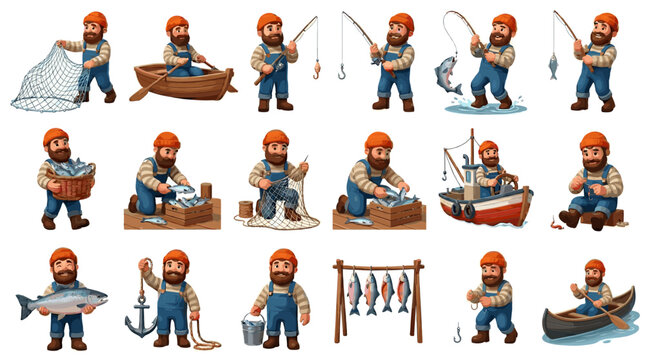 Fisherman character set with boat, rod, fish catch, tackle box and angling activities in flat vector illustration isolated on white