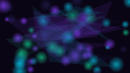 Fototapeta premium Abstract dark background with glowing purple teal green bokeh lights and geometric polygonal shapes for digital design presentation banner wallpaper template