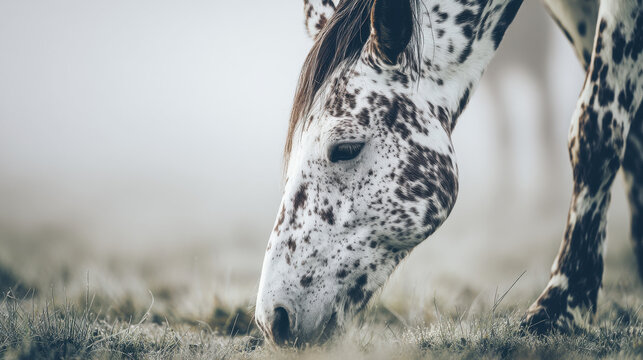 An Appaloosa horse grazing on dewy grass in a misty meadow. wildlife magazines, conservation campaigns, designed for nature documentaries and education, used by photographers.