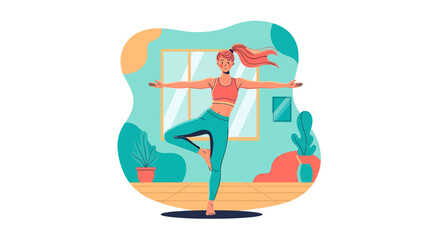 Fototapeta premium Woman practices yoga in a serene home environment with plants and a peaceful atmosphere