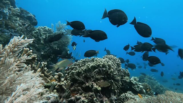 Marine Life with Black Batfish in Reef Ecosystem