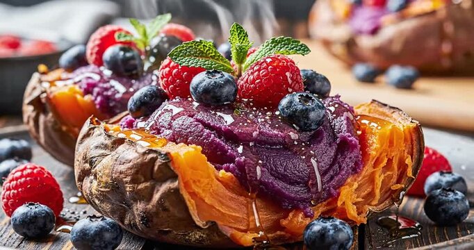 Colorful sweet potato dessert topped with berries and mint, set in a rustic kitchen environment