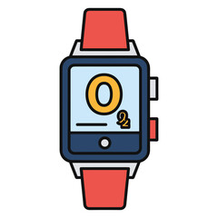 Naklejka premium Smartwatch with Oxygen Sensor: A modern smartwatch displays an oxygen saturation reading on its screen, featuring a sleek design with a red strap.