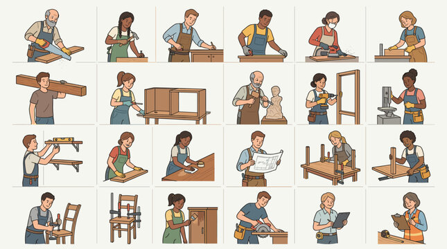 Carpenter and woodworking character set with people sawing, measuring, assembling furniture and working with tools in flat vector illustration
