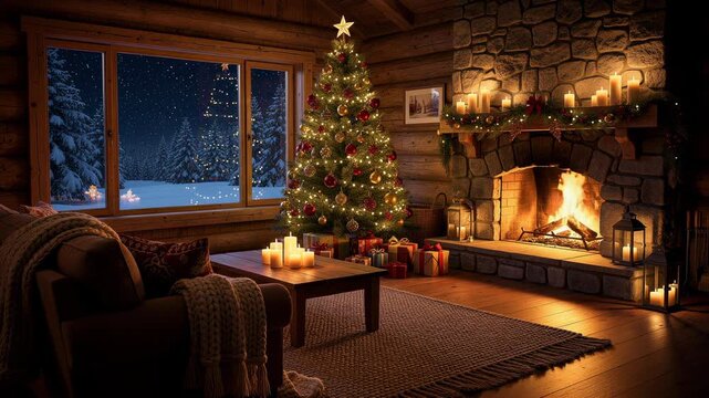 Cozy Christmas living room with decorated tree, warm fireplace, candles, and snowy winter view through window