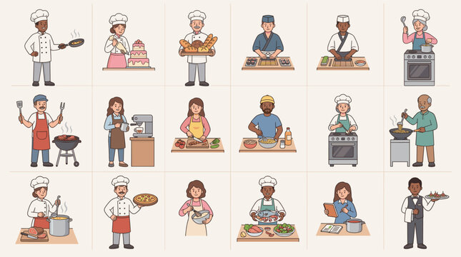 Chef and cooking profession character set with bakers, waiters and kitchen workers preparing food in cute flat vector illustration