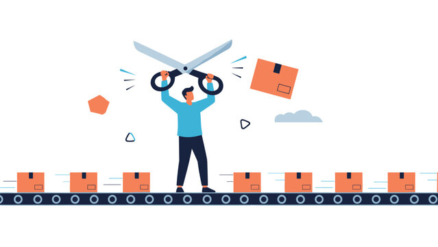 Business cost cutting and optimization concept featuring man using giant scissors to cut shipping boxes on industrial conveyor belt.