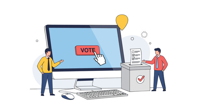 People participating in a digital election by voting on a computer screen and placing paper ballots into a box.