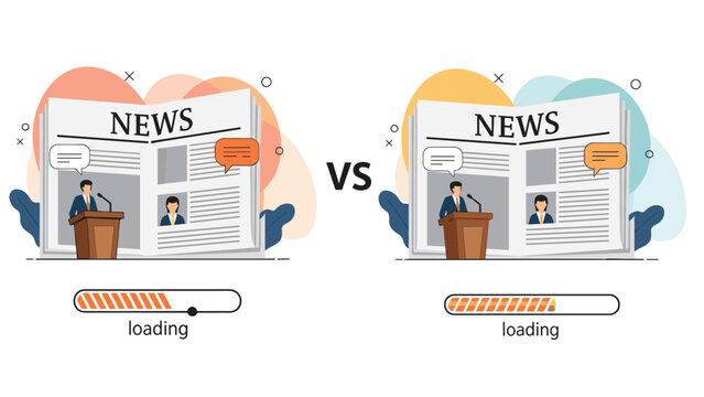 Comparison between two different news sources with loading bars representing the speed and delivery of online media.