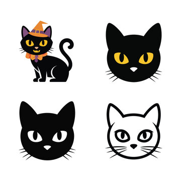 Black cat icons set, halloween kitten faces, witch familiar mascot, spooky pack, invitation graphics, sticker clipart, vector illustration, fall decor