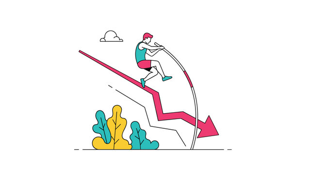 Professional athlete performing a pole vault over a declining red arrow representing a successful recovery from a crash.