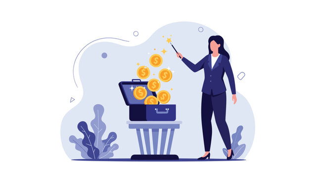 Powerful businesswoman using a magic wand to generate gold coins from an open briefcase, symbolizing financial growth and successful deals.