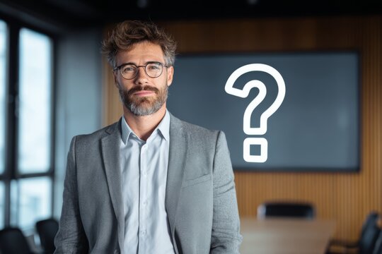 Confident businessman standing in boardroom with questionmark icon on screen behind 