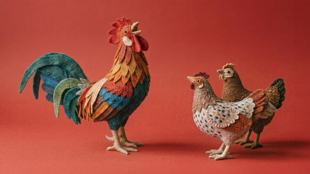 Handcrafted felt rooster crowing while admired by two chickens. A minimalist studio composition on a solid red background with ample copy space.