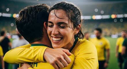 Naklejka premium A man and woman in yellow jerseys embracing and celebrating on a sports field brazilian couple fan in yellow shirt jersey for 2026 soccer world championship.