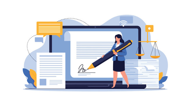 Businesswoman using giant pen to sign digital document on laptop screen for electronic agreement and legal work.