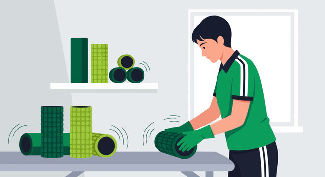 Man in green uniform inspecting foam rollers in a workshop