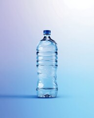 Naklejka premium Clear Plastic Bottle of Refreshing Water with Blue Cap, Swirling Liquid Inside, on Gradient Blue Background, Product Mockup for Advertising