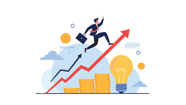Career success and business innovation concept with professional man jumping over rising chart towards bright idea lightbulb symbol.