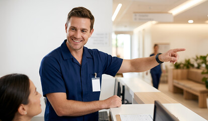 Fototapeta premium helpful healthcare worker providing directions in a clean and modern clinic setting.