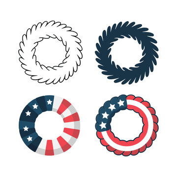 Star stripe wreath icons, patriotic round frames, independence day badge, parade graphic, election season banner, memorial day decor, vector illustration