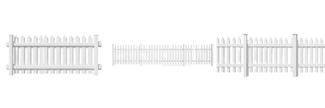 Set of Three White Metal Fence Sections and Picket Barriers PNG