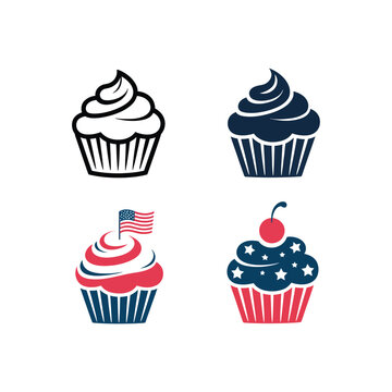 Patriotic cupcake icons set, red white blue dessert, independence day buffet, memorial day picnic, parade celebration graphic, vector illustration design