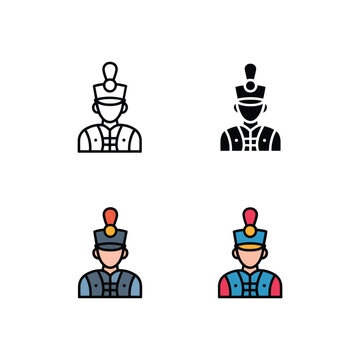 Toy soldier drum corps icons with tall shako hats, parade guard illustration for holiday procession, marching band graphics, festival promo