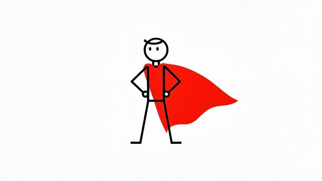 Simple stick figure superhero with red cape standing confidently on white background