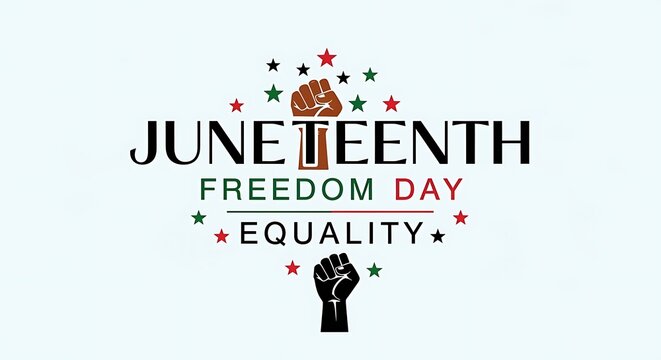 A graphic design celebrating Juneteenth Freedom Day with a raised fist and stars