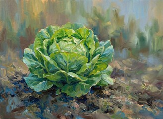 Obraz premium Generated ai Vibrant Green Cabbage Growing in Earthy Garden Soil Oil Painting Style
