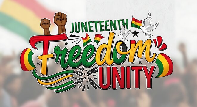 A vibrant Juneteenth celebration with a crowd of people in the background and a colorful Freedom Unity sign