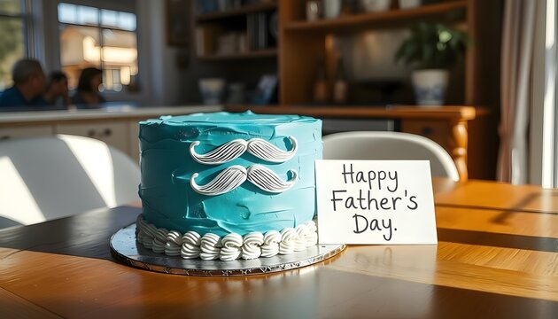 A blue and white cake with a mustache on it sitting on a wooden table with a happy fathers day card