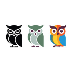 Fototapeta premium Owl icons set, cute nocturnal bird collection, autumn forest festival banner, wildlife education workshop, kids craft session, vector illustration elements