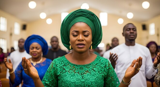 African woman in green lace dress and gele headwrap praying with hands raised inside a church with congregated people