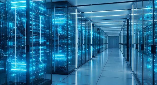 Modern hightech server room with rows of glowing blue server racks in a data center facility