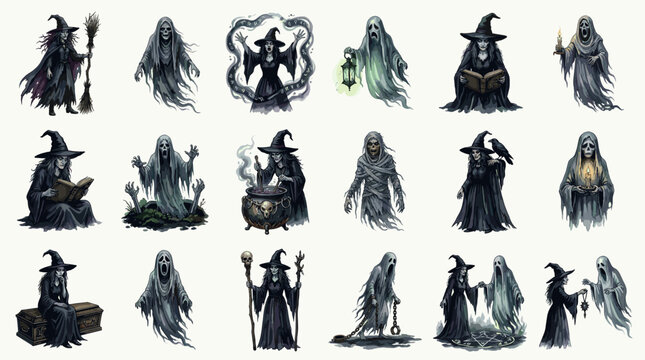 Vintage spooky ghost collection with grim reaper, haunted spirits and dark Halloween figures, hand drawn vector set for horror, gothic and occult themed designs