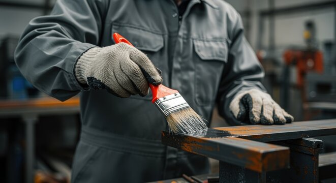 Worker painting metal surface with brush in industrial workshop environment