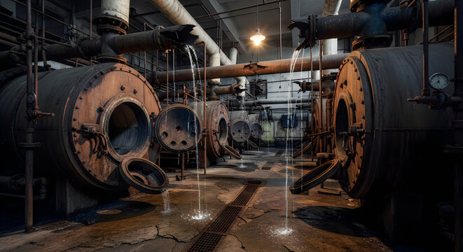 Abandoned industrial factory interior with large rusted metal boilers and leaking water pipes