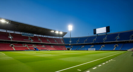 Fototapeta premium Modern soccer stadium with red and blue seating under a clear blue sky at dusk