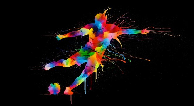 A colorful illustration of a soccer player kicking a ball in motion with vibrant lights.