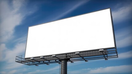 Fototapeta premium Blank white billboard template stands tall against a bright blue sky waiting for custom advertisements to be displayed proudly today