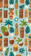 Polynesian pattern with tiki masks, tropical fruits, and plants