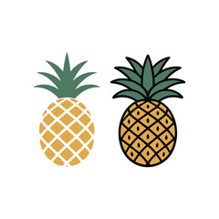 Pineapple icons pair, tropical fruit symbol, summer luau party graphic, tiki bar menu, beach vacation sticker, healthy food vector design © RA Studio