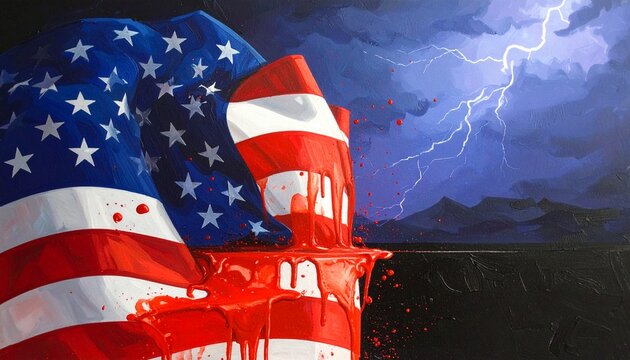Broken American flag capsule bleeding red paint under stormy lightning sky, symbolizing turmoil, patriotism, conflict, and fractured national identity.